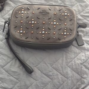 Coach Dk Heather Grey Bead & Stud Wristlet with Pearl Accents